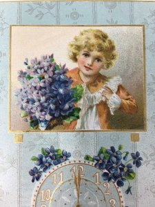 c. 1910 Raphael Tuck New Year Postcard Girl Flowers Clock Embossed