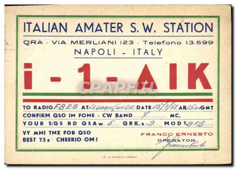 Postcard Old Telegraphie I1AIK Napoli Italiy