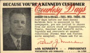 Providence RI Courtney Days Kennedy's Store Adv Postal Card c1950s