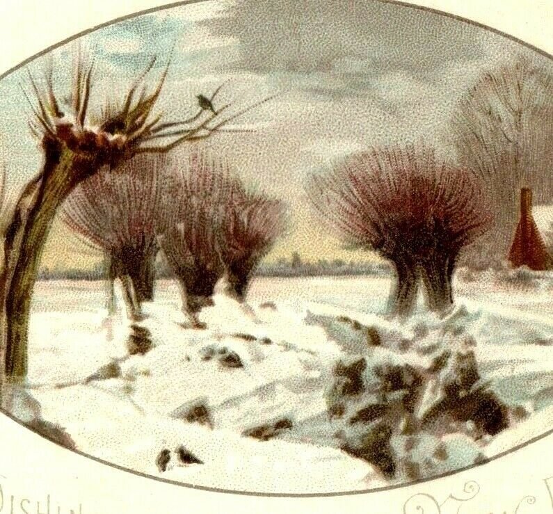 1880s Victorian New Year's Card Winter Scene Cabin Snow P216