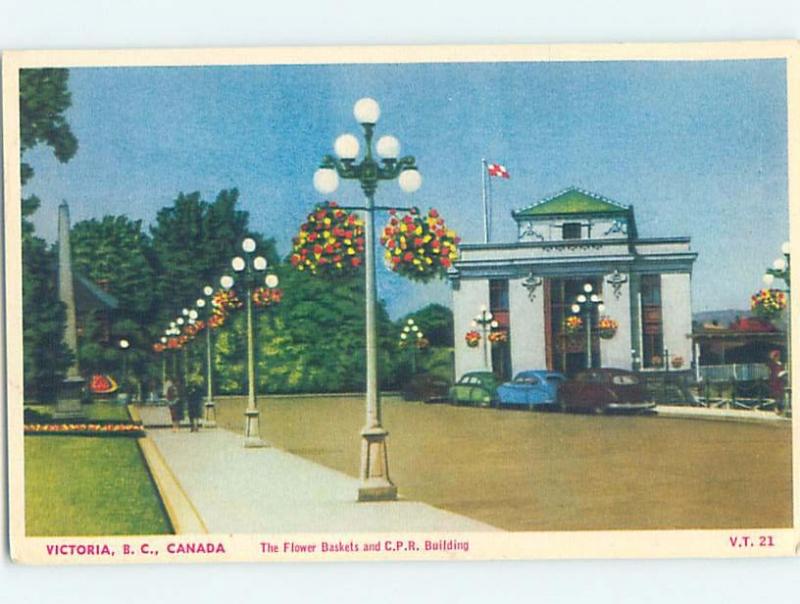 1950's FLOWER BASKETS BY CPR TRAIN STATION Victoria - Vancouver Island BC G2613