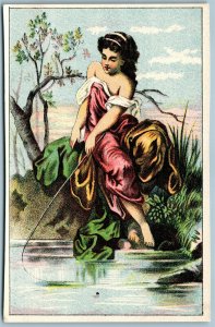 FISHING GIRL ANTIQUE ADVERTISING VICTORIAN TRADE CARD