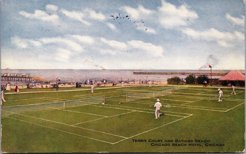 Postcard Tennis Court and Bathing Beach at Chicago Beach Hotel, Illinois