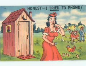 Unused Linen risque SEXY BUT DUMB GIRL USES OUTHOUSE AS PHONE BOOTH J2733@