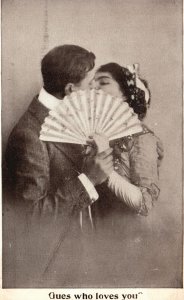 Vintage Postcard Lovers Couple Kissing Face Covered with Fan Sweet Romance