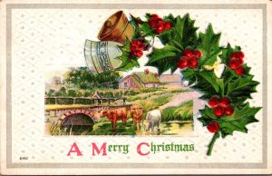 Christmas With Gold Bells and Holly 1914