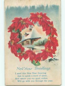 Pre-Linen new year SNOW-COVERED HOUSE INSIDE RING OF POINSETTIA FLOWERS k5215