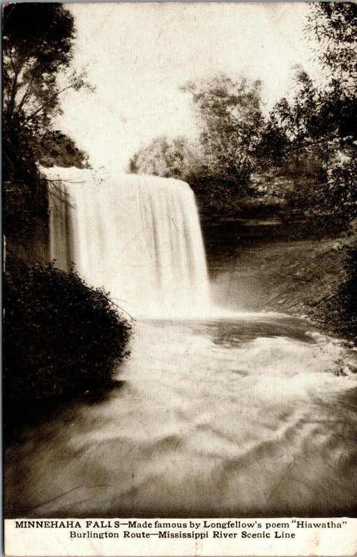 Vtg Minnehaha Falls Burlington Route Mississippi River Train Railroad Postcard