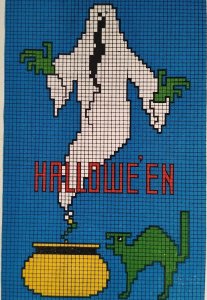 Halloween Postcard Fantasy Ghost Black Cat Cauldron Grid Pattern Gibson 6936