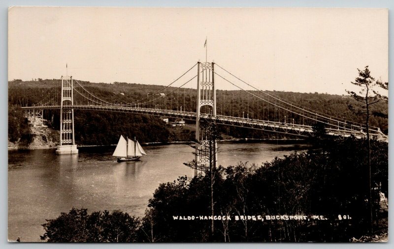 Bucksport Maine~3-Sail Sailing Ship Under Waldo-Hancock Bridge RPPC c1914 PC 