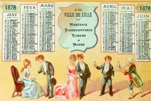 1878 lovely A La Ville De Lille Calendar Henri Pille Victorian Trade Card F86