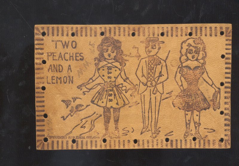 VINTAGE LEATHER POSTCARD W. SHEAL 1907 ESSEX IOWA TWO PEACHES AND A LEMON 