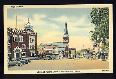 Lewiston, Maine/ME Postcard, Kora Temple, Hospital Square, Main Street