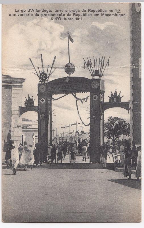 Mozambique; Arch celebrating the 10th anniversary ... PPC, 1911 to London, GB