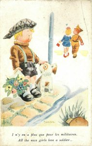 WWI French Propaganda Postcard All The Nice Girls Love A Soldier Boy Left W/ Dog