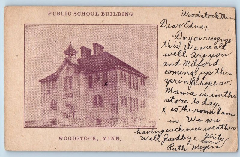 Woodstock Minnesota MN Postcard Public School Building Exterior 1907 Antique