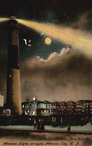 Vintage Postcard Absecon Lighthouse at Night Moon Atlantic City New Jersey N. J.