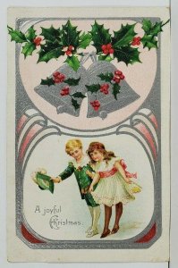 Joyful Christmas Sweet Children Hollyberry Silver Bells Embossed Postcard O13