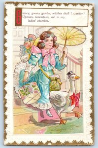 Stanton Nebraska NE Postcard Pretty Girl Goosey Goosey Gander Embossed c1910s