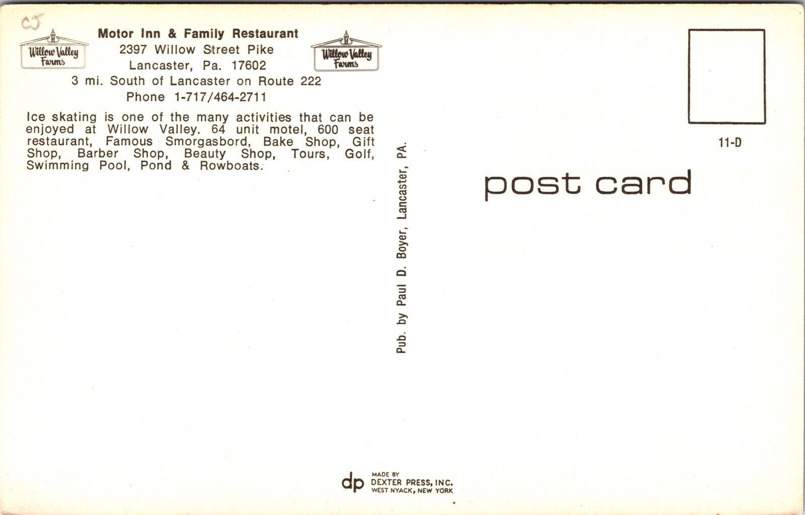 Motor Inn Family Restaurant Lancaster PA Pennsylvania Postcard VTG UNP