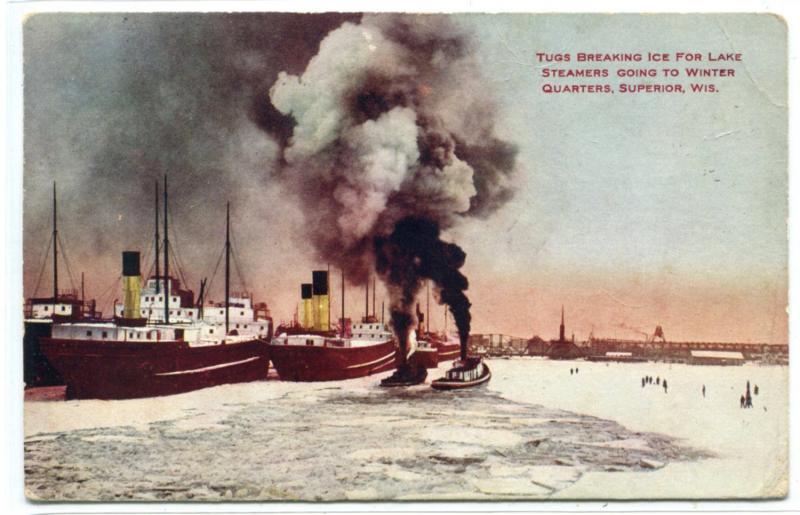 Tugs Breaking Ice for Steamers Superior Wisconsin 1907 postcard