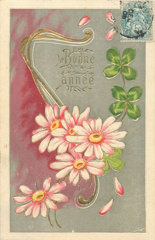 Early embossed greetings postcard Bonne annee shamrock