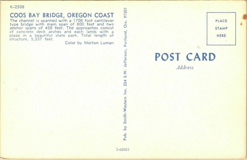 Bridge Over Coos Bay Oregon Coast Postcard VTG UNP Vintage Unused Chrome 