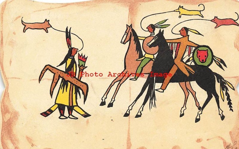 Native American Indian Art Scene on Unusual Shape Novelty Postcard