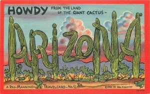 Arizona large letter Cactus Reg Manning Lollesgard Teich 1940s Postcard  22-9505