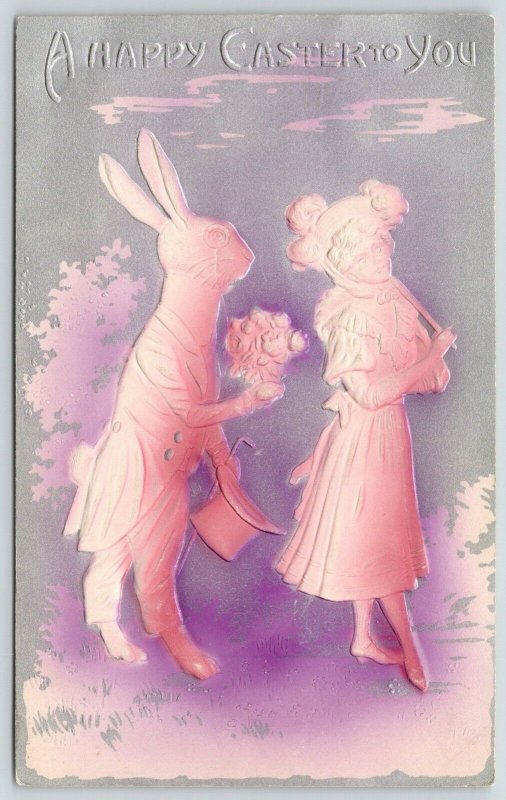 Easter Fantasy~Elegant Dressed Rabbit Courts Lady~Pink Silver Airbrushed~Emboss 