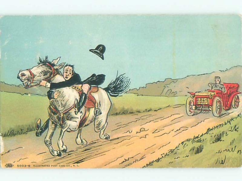 Pre-Linen Comic HORSE CHASED DOWN THE ROAD BY CAR AB9182