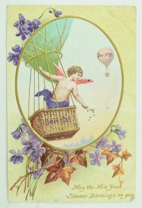 C.1900-10 Hot Air Balloon Angel Flowers Leaves Vintage Postcard F56