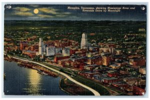 c1940 Mississippi River & Riverside Drive At Night Memphis Tennessee TN Postcard