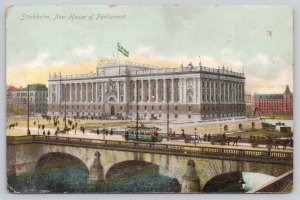 Postcard Stockholm Sweden House of Parliament Bridge Tram 1900s UDB View