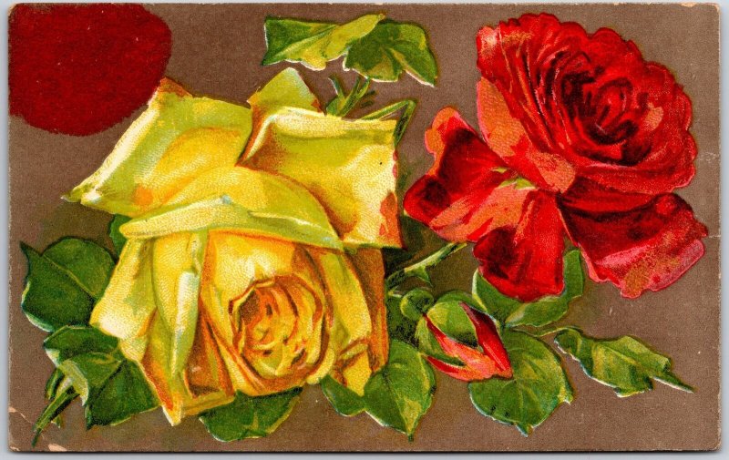 Yellow and Red Roses Flower Large Print Greetings Wishes Card Posted Postcard 