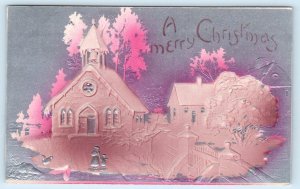 Embossed Airbrushed A MERRY CHRISTMAS Church Scene 1908 Silvery Pink Postcard