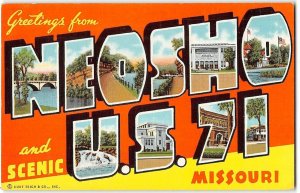Neosho, Missouri U.S. 71 Large Letter Greetings 1940s Linen Vintage Postcard