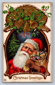 K1/ Santa Claus Christmas Postcard c1910 Toy Sack Bells Gold 102