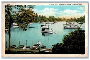 Chicago Illinois IL Postcard Motor Boat Harbor And Dock Scene 1933 Vintage Trees