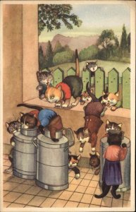 Dressed Cats Fantasy Kittens Raid Steel Milk Barrels Vintage Postcard