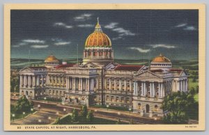 Linen~State Capitol At Night~Commonwealth Statue~Harrisburg PA~Vintage Postcard