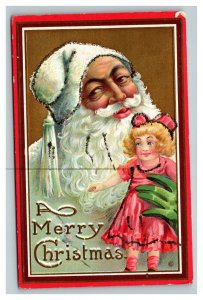 Vintage 1910's Christmas Postcard Santa in White Suit Holds Cute Doll Pink Dress