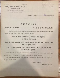 1910 REISS & BELVIN Satin Taffeta Ribbons NEW YORK New York  Letterhead