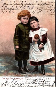 Boy And Girl With Her Doll Vintage Postcard C011