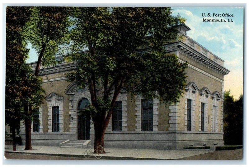 c1930's US Post Office Building Bicycle Monmouth Illinois IL Vintage Postcard