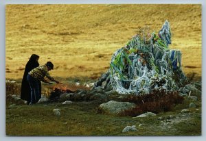 2011 ASIA ALTAI Pagan offering food to fire Ethnic Mongolia RARE Photo Postcard