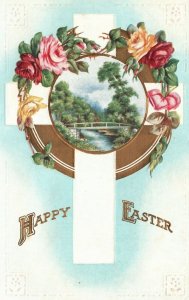 Vintage Postcard Happy Easter Landscape Flower Wreath Greetings And Wishes Card