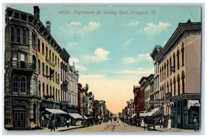 1912 Stephenson Street Looking East Establishments Freeport Illinois IL Postcard