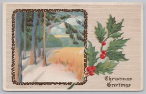 Holiday~Christmas~Holly Berries~Hay Field~Embossed Vintage Postcard