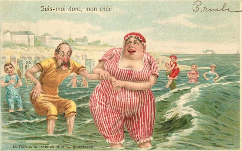 Artist impression Beach Bather Fat Woman Comic Humor C-1906 Postcard 20-4727